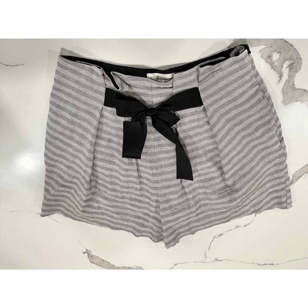 Elevenses‎ Anthropologie Grey White Striped Linen Shorts Bow Waist Womens Size 4